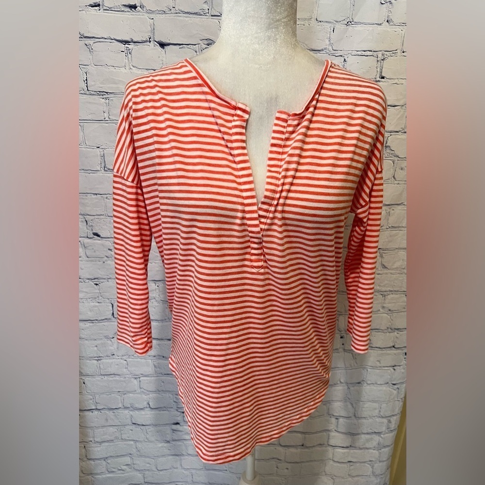 Lucky Brand Woman Small Orange White Striped Pull Over V Neck Jersey Top